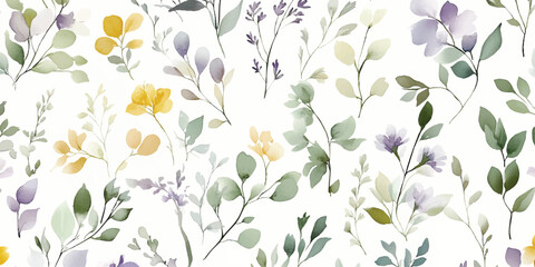 Vintage vector seamless floral pattern. Liberty style background of small pastel colorful flowers. Small wildflowers scattered over a white background. Abstract flowers and leaves branches