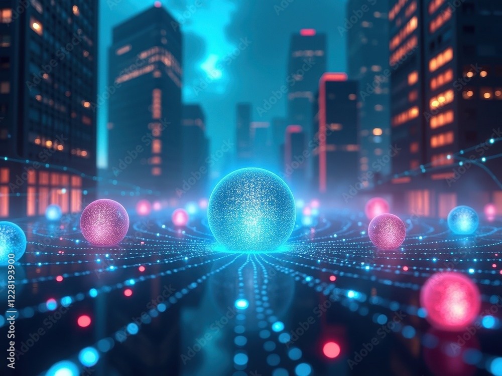 Wall mural exploration of blockchain technology in a futuristic cityscape with vibrant lights and digital nodes
