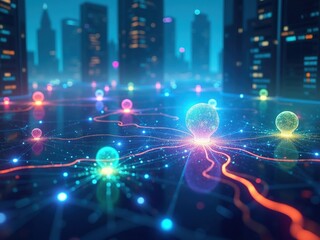 Obraz premium Exploring the vibrant connections of blockchain technology in a futuristic cityscape at night