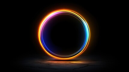 Circular neon ring with vibrant colors glowing on a black background. Evokes themes of technology, energy, and futuristic design