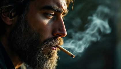 Fototapeta premium Close-up of a man with a beard smoking outdoors in natural light during early morning hours