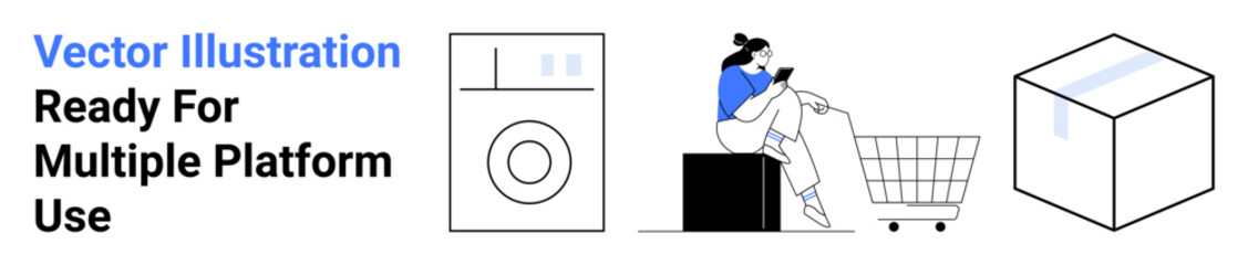 Woman sits scrolling smartphone beside shopping cart, washing machine appliance, and delivered cube package. Ideal for e-commerce, delivery apps, online shopping, retail, logistics, appliances flat