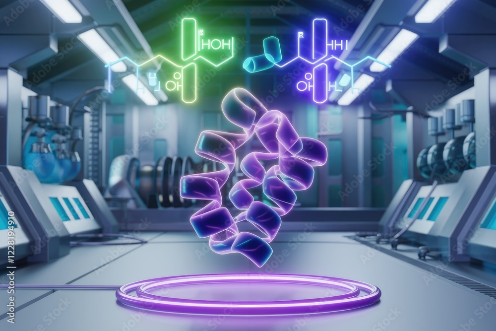 Poster 3d model of a protein molecule in a futuristic lab setting, showcasing scientific advancement in bio