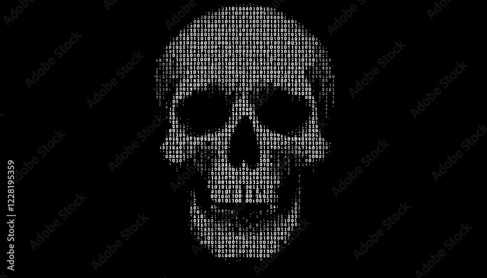 Fototapete digital skull design made of binary code on a black background reflecting technology and mortality t