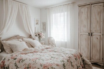 A cozy Shabby Chic interior design style bedroom featuring a floral-patterned bedspread, soft pillows, and a vintage wardrobe. Natural light filters through sheer curtains.