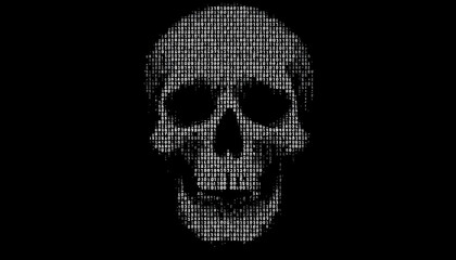 Digital skull design made of binary code on a black background reflecting technology and mortality themes