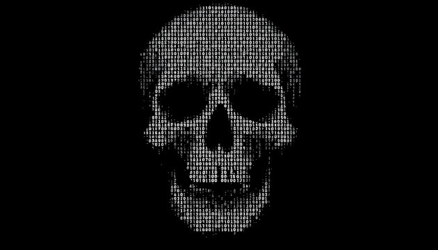 Digital skull design made of binary code on a black background reflecting technology and mortality themes
