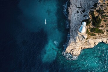 aerial orthographic view of solitary lighthouse standing on rugged cliff along sardinian coast