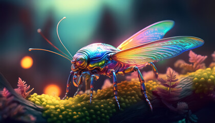 Vibrant insect with iridescent wings in shades of blue, purple, orange, and pink, sitting on a branch against a dreamy, bokeh-lit background.