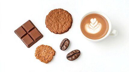 Delicious Coffee and Cookies with Chocolate on White Background