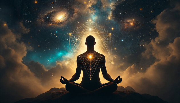 Meditation in the cosmos reveals inner peace and connection to the universe during a tranquil night