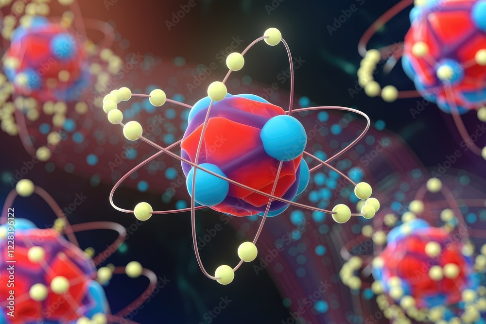 Poster Artistic representation of atoms with electrons orbiting a nucleus, showcasing the structure of matter.