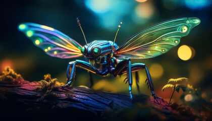 Glowing futuristic insect with iridescent blue, green, and purple wings, glowing eyes, on a mossy surface with vibrant bokeh lights.