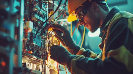 Obraz premium A construction electrician installing wiring in a new building, with circuit boards and tools visible, Electrical installation scene