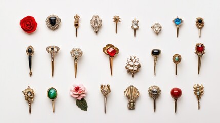 Collection of vintage hair pins with various gemstones and decorative elements on white surface