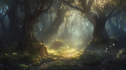Obraz premium Sunlit Path Through a Mystical Forest Enchantment