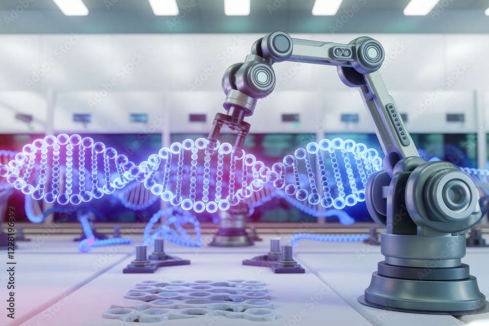Poster a robotic arm interacts with a dna strand in a futuristic laboratory setting, symbolizing advancemen