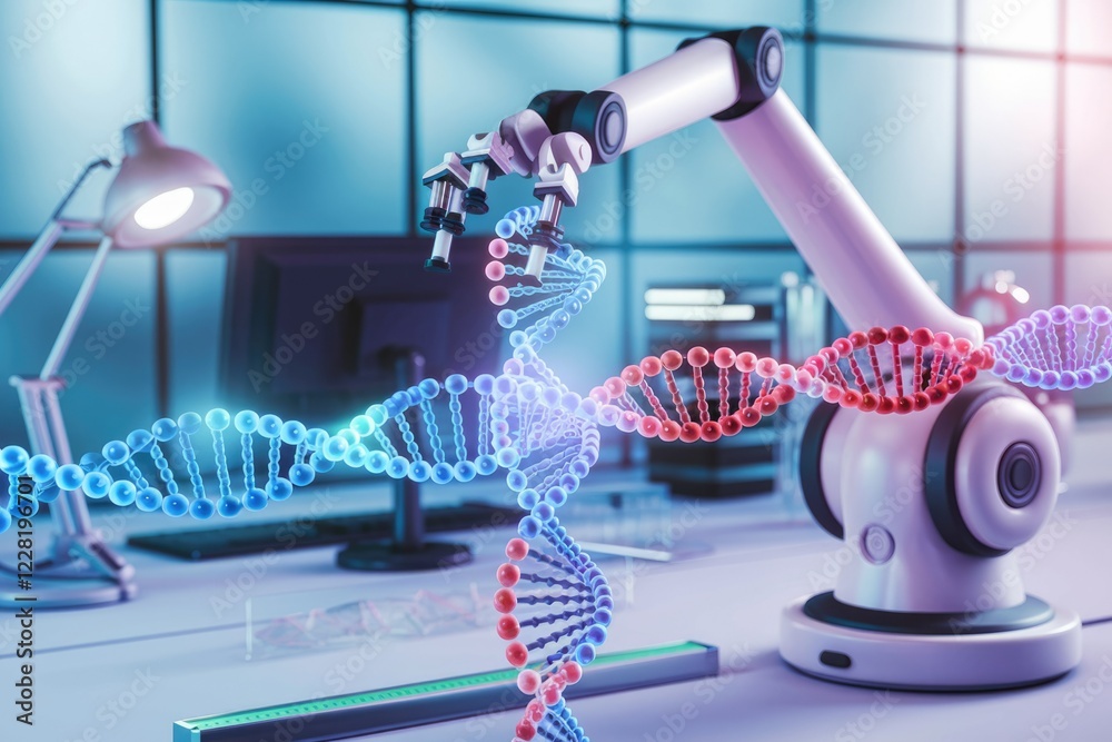 Poster robotic arm manipulating dna strands in a futuristic lab setting, symbolizing advancements in geneti