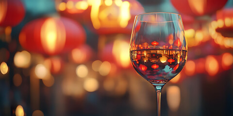 Festive Wine Glass Reflections, Celebratory Lanterns, Lunar New Year Vibes, Festive Asian Traditions, Warm Glowing Evening