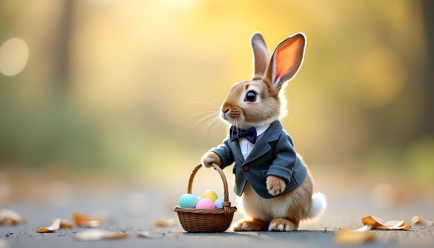 A charming bunny dressed in a blue suit stands proudly on a pathway, holding a small basket filled with vibrant Easter eggs. The background features soft autumn foliage and warm light