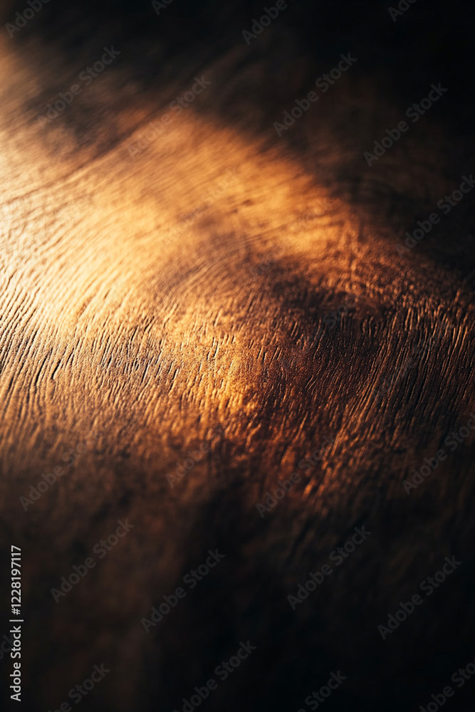 Poster close-up of dark wood grain texture illuminated with warm light, emphasizing natural patterns, ideal