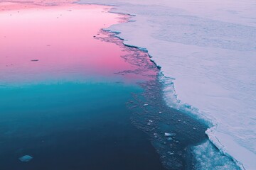 aerial orthographic view of still arctic lagoon reflecting glowing neon-green and violet hues of northern lights