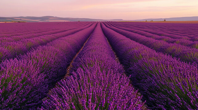 A meditative scene with lavender fields at dusk, soft light filtering through, a calm ambiance promoting relaxation and wellness