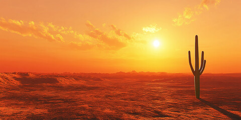 A lone saguaro cactus standing tall in the middle of a vast desert landscape at sunset, surrounded by warm golden hues and a serene, tranquil atmosphere.