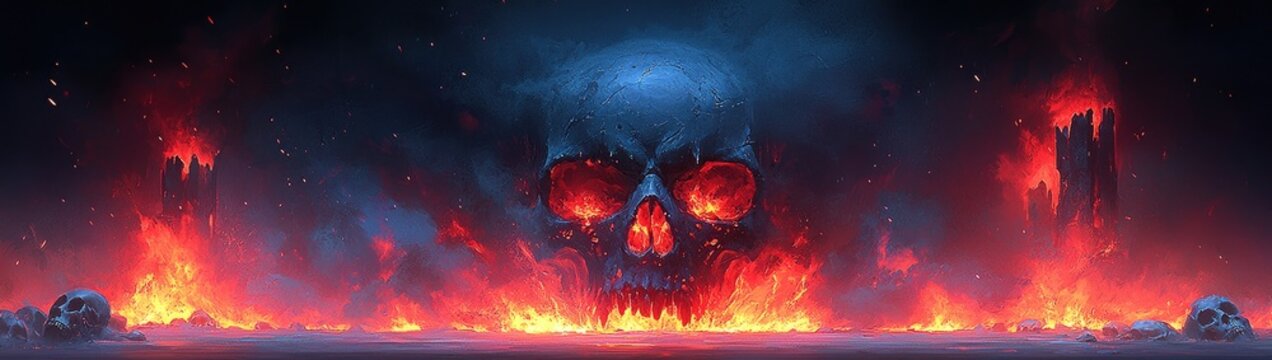 Apocalyptic Wasteland Inferno with Skulls and Fire Towers under Thunderstorm &ndash; Vibrant 8K Desolation Scene
