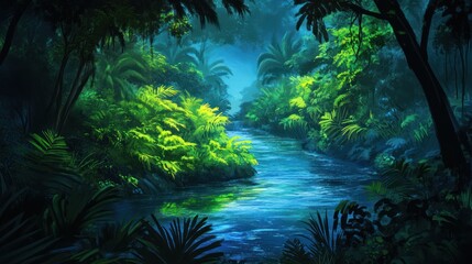 Serene Tropical River Flows Through Lush Green Jungle