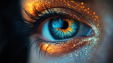 Close up of a blue eye with golden glitter makeup.