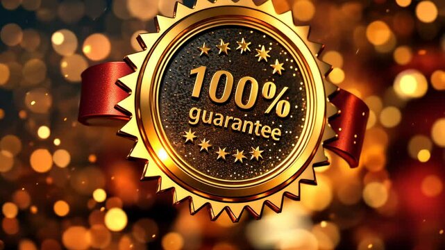Dynamic golden 100% guarantee badge with glittering bokeh and red ribbon animation