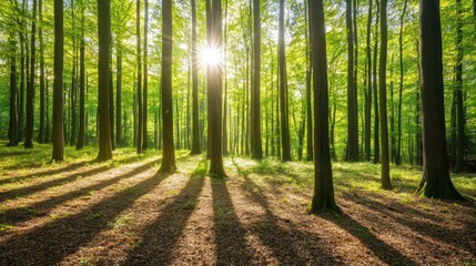Obraz premium Sunlit Forest Trees Casting Long Shadows on Ground
