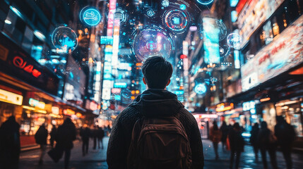 Fototapeta premium Person standing in a bustling city illuminated with vibrant holograms and digital interfaces, symbolizing futuristic urban innovation and technology.
