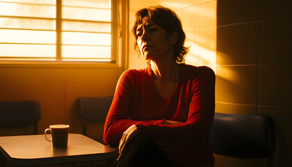 A Hispanic senior teacher woman sitting in a dimly lit staff room, staring blankly at a cup of coffee, her slouched posture showing deep frustration