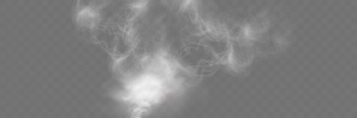 Realistic white smoke or mist effect with soft, swirling patterns on a transparent background. Perfect for overlays and atmospheric designs.	