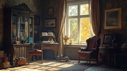Sunlit Autumn Room With Antique Furniture And Books