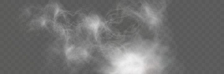 Realistic white smoke or mist effect with soft, swirling patterns on a transparent background. Perfect for overlays and atmospheric designs.	