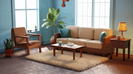 Fototapeta premium A cozy living room with wooden furniture, a beige sofa, and a fluffy rug, bathed in sunlight.