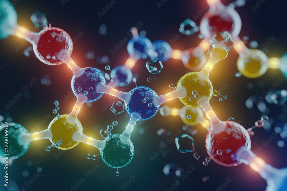 Poster A vibrant 3D rendering of a complex molecule, showcasing its intricate atomic structure and connections.