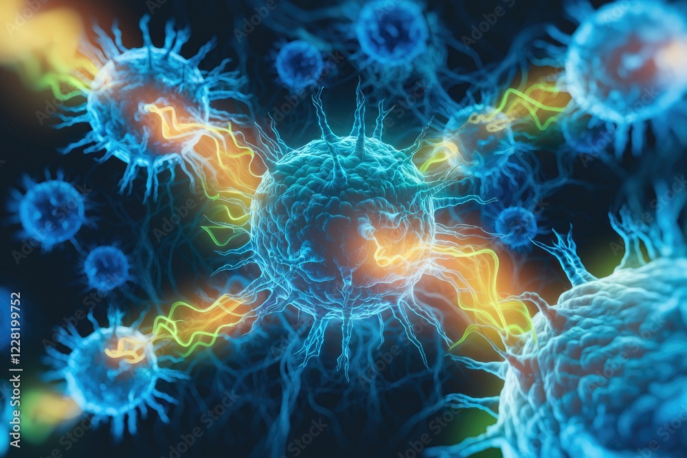 Poster microscopic view of cells interacting, possibly showing immune response or viral infection. energy f