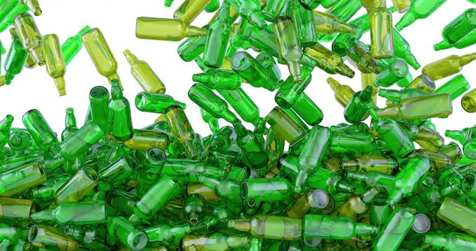 Empty glass green bottles from beer falling and fill the screen. 3D animation
