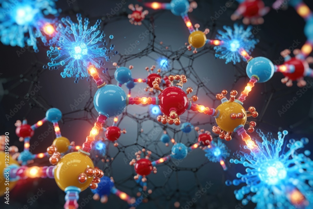 Poster A vibrant 3D rendering showcases interconnected molecules, possibly representing a complex biological or chemical structure.