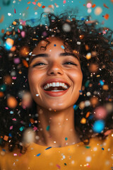 A joyous woman with curly hair, joyfully surrounded by confetti with a sparkling background, exudes happiness, celebration, and vibrant spirit