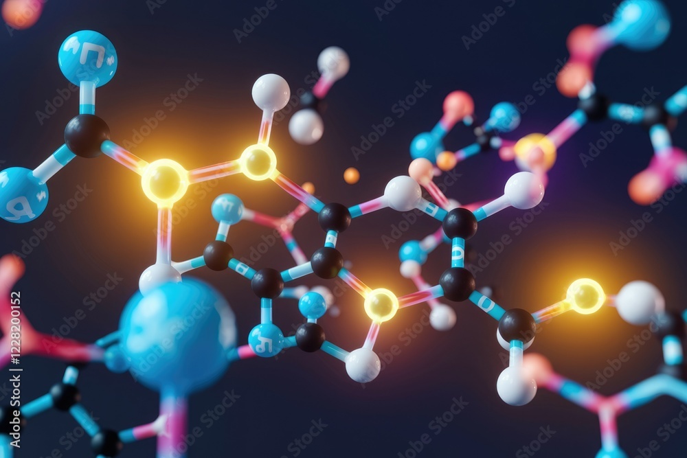 Aufkleber a 3d rendering of a complex molecular structure, showcasing vibrant atoms and bonds.
