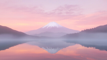 静寂な早朝、湖面に映る逆さ富士の美しいシンメトリー