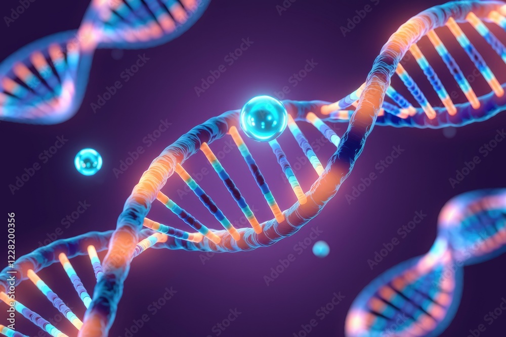 Poster a vibrant 3d rendering of dna double helix strands, showcasing genetic code and molecular structure.