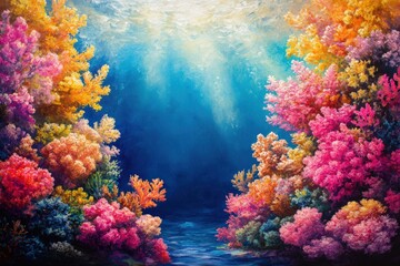 Naklejka premium Vibrant coral reef underwater scene ocean depths artistic colorful environment scenic view marine beauty