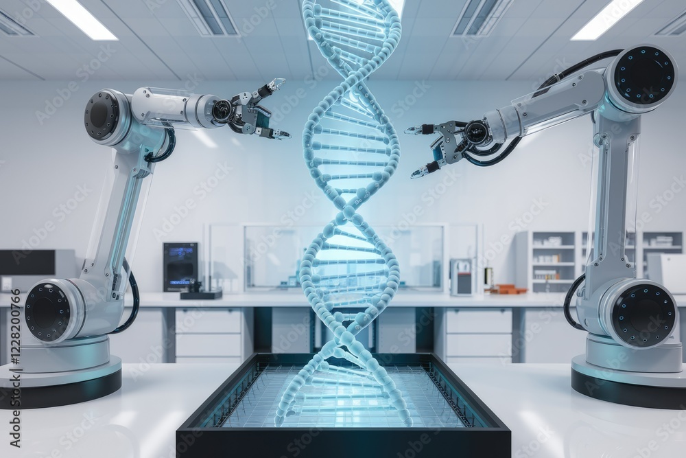 Poster robotic arms manipulating a glowing dna strand in a futuristic laboratory setting.