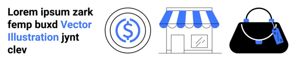 Currency coin, storefront with awning, fashionable handbag. Ideal for e-commerce, retail, shopping, online transactions, fashion sales and marketing. Perfect for flat landing page banner